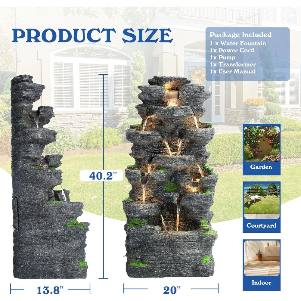 10-Tier Cascading Rock Water Fountain With Lights Garden