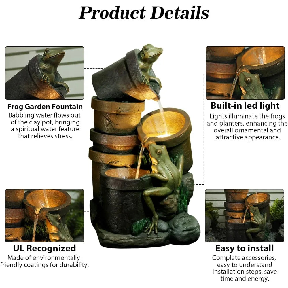 27.2 Inch Frog Garden Fountain With LED Lights And Pump