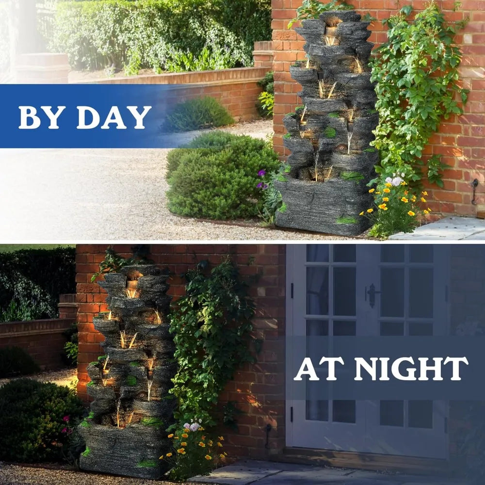 10-Tier Cascading Rock Water Fountain With Lights Garden