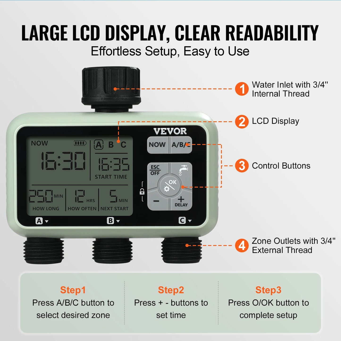 VEVOR Water Timer 3 Outlets Hose 3 Independent Watering Zone LCD Display Rain Delay Mode Manual Mode, Watering Sprinkler Timer