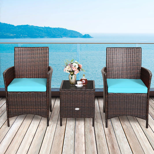 3 Piece Rattan Patio Conversation Set with Cushions