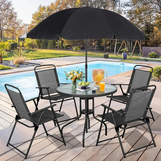 Outdoor Patio Dining Set with Folding Chairs and Umbrella