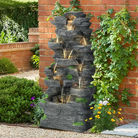 10-Tier Cascading Rock Water Fountain With Lights Garden